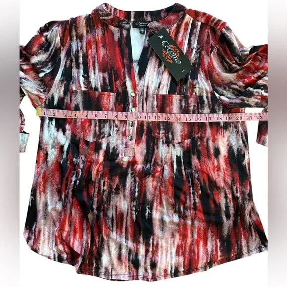 COCOMO 1X Red Black Plus Size  3/4 sleeve women's Pintuck … - Picture 11 of 12